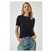 Happiness İstanbul Women's Black Crew Neck Basic Knitted T-Shirt