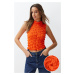 Trendyol Orange High Neck Fitted Crop Textured Stretch Knitted Blouse