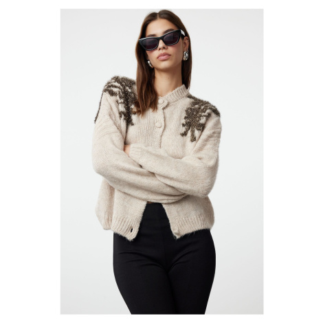 Trendyol Beige Soft Textured Shiny Glitter Embroidered Knitwear Cardigan