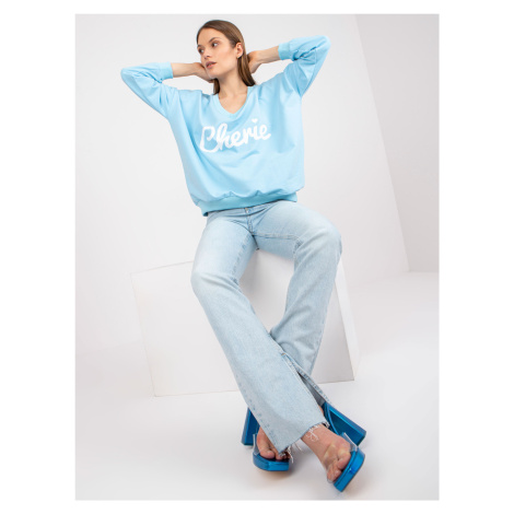 Light blue and white sweatshirt with print and V-neck