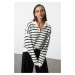 Trendyol Ecru Wide Pattern Polo Collar Striped Knitwear Sweater