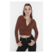 Trendyol Brown Fitted Crop Polo Neck Ribbed Cotton Stretch Knitted Blouse