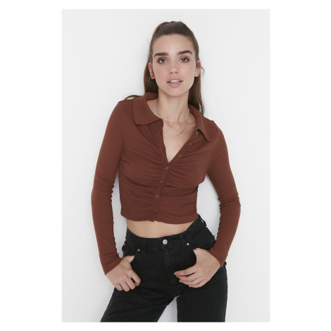 Trendyol Brown Fitted Crop Polo Neck Ribbed Cotton Stretch Knitted Blouse