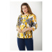 Şans Women's Plus Size Colored Cotton Fabric Capri Sleeve Front Patterned Blouse