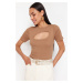 Trendyol Brown Cut Out Detailed Fitted Crew Neck Crop Ribbed Stretchy Knitted Blouse