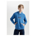 DEFACTO Boy's Blue Regular Fit Hooded Back Printed Thick Sweatshirt