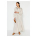 Trendyol Cream Collar Embroidered Half Pat Linen Look Woven Dress