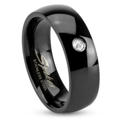 Čierny oceľový prsteň, lesklé zaoblené ramená, číry zirkónik, 6 mm - Veľkosť: 67 mm