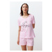 Trendyol Pink Slogan Printed Striped Knitted Pajama Set