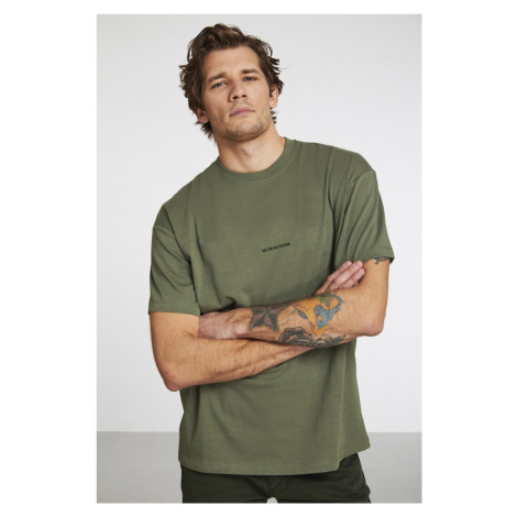 GRIMELANGE River Men's Oversize Fit Embroidered Front 100% Cotton Khaki T-shirt