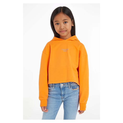 Detská mikina Calvin Klein Jeans oranžová farba, s kapucňou, s potlačou