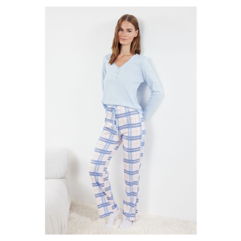 Trendyol Blue 100% Cotton Plaid Tie and Button Detailed Knitted Pajama Set