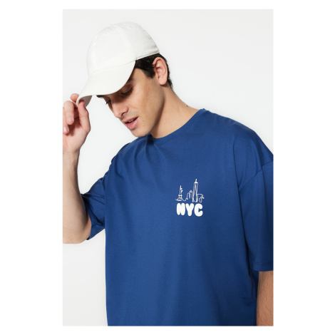 Trendyol Indigo Oversize/Wide Cut City Printed Short Sleeve 100% Cotton T-Shirt