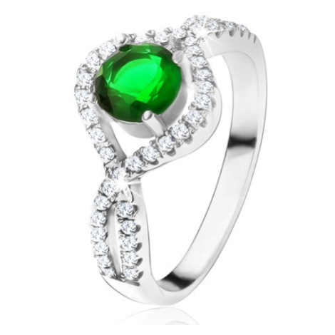 Strieborný 925 prsteň, okrúhly zelený kameň, zatočené zirkónové ramená - Veľkosť: 60 mm