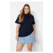 Trendyol Curve Navy Blue Ribbed Collar Boyfriend 100% Cotton Knitted T-shirt