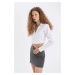 DEFACTO Women's White Fitted Bodycon Shirt Collar Zipper Long Sleeve Crop Basic Plain Blouse