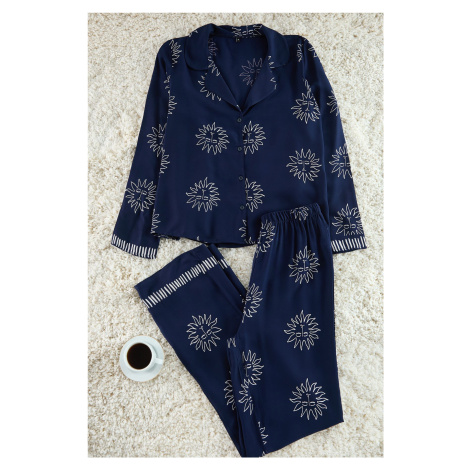 Trendyol Navy Blue Sun Patterned Viscose Woven Pajama Set