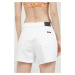 Rifľové krátke nohavice Superdry dámske, biela farba, jednofarebné, stredne vysoký pás