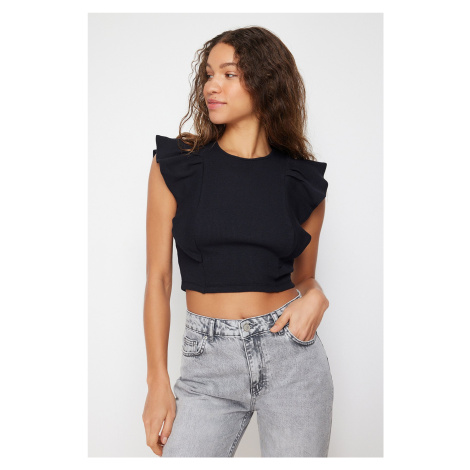 Trendyol Black Frilly Sleeves Ribbed Stretchy Crew Neck Crop Knitted Blouse
