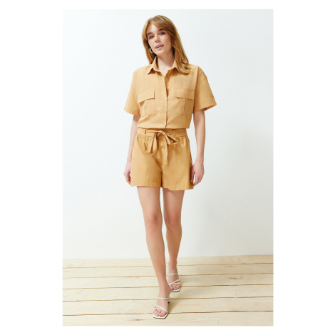 Trendyol Mustard Tie Detailed Cotton Woven Shorts