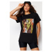 Trendyol Black Printed 100% Cotton Boyfriend/Wide Fit Knitted T-Shirt