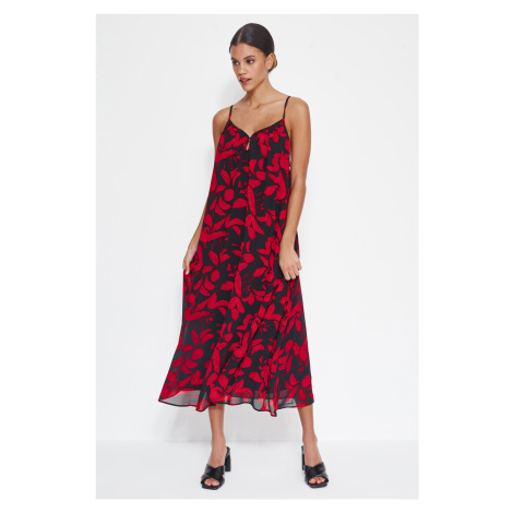 Trendyol Red Floral Print Straight Cut Maxi Woven Chiffon Lined Woven Dress