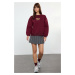 Trendyol Claret Red Thick Polar Fleece Inside Slogan Printed Knitted Sweatshirt