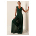 By Saygı Decollete Decollete Front Back V-Neck Lined Chiffon Jumpsuit Emerald