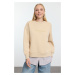 Trendyol Beige Slogan Printed and Poplin Detailed Relaxed/Comfortable Pattern Knitted Sweatshirt