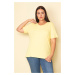 Şans Women's Plus Size Yellow Cotton Fabric V-Neck Short Sleeve Blouse