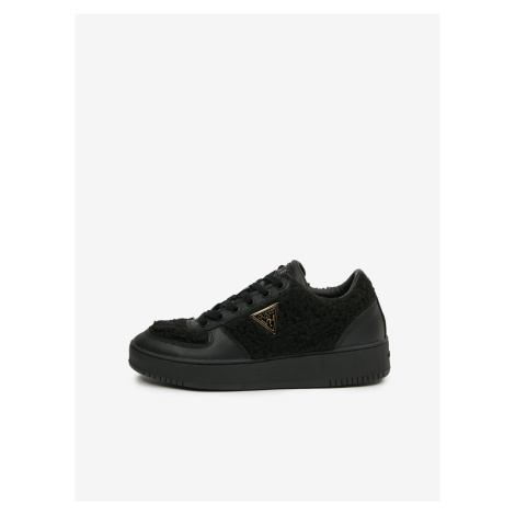 Black Women's Leather Sneakers with Faux Fur Guess Sidny - Women