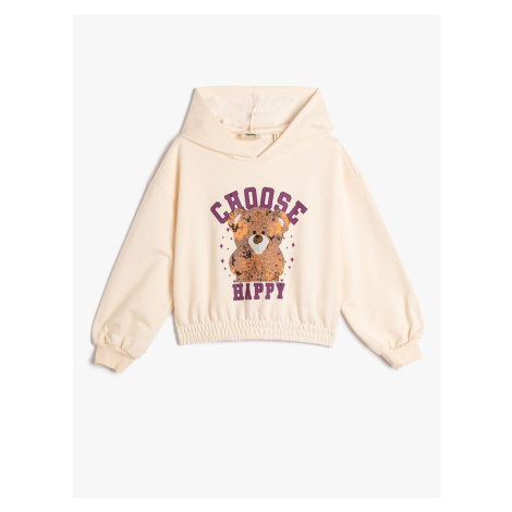 Koton Teddy Bear Print Hoodie with Sweatshirt. Elastic Waist and Cuffs, Long Sleeves.