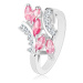 Lesklý prsteň striebornej farby, ružové zirkónové zrnká, číre zirkóniky - Veľkosť: 58 mm