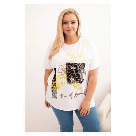 Kesi Włoski Dámska bavlnená blúzka Plus Size s ozdobnou kvetinovou potlačou biela + žltá