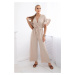 Jumpsuit with a tie at the waist with decorative sleeves in beige color