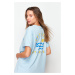 Trendyol Light Blue 100% Cotton Boyfriend Knitted T-Shirt with Back and Chest Print