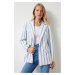 Happiness İstanbul Women's Ecru Blue Striped Padded Linen Blend Blazer Jacket