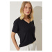 Happiness İstanbul Women's Black V-Neck Basic Viscose Knitted T-Shirt