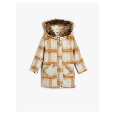 Koton Oversize Coat Hooded Faux Fur Detail With Snap Flap Pockets