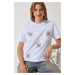 Happiness İstanbul Women's White Sequin Embroidered Oversize Cotton Knitted T-Shirt