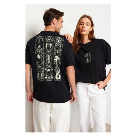 Trendyol Black Oversize/Wide-Fit 100% Cotton Tarot Printed T-Shirt