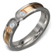 Oceľový prsteň - pruh zlatej farby s lemom striebornej farby, dva číre zirkóny - Veľkosť: 57 mm