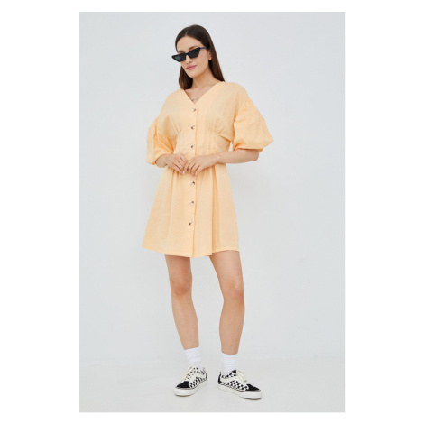 Šaty s prímesou ľanu Vila oranžová farba, mini, áčkový strih