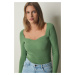 Happiness İstanbul Women's Almond Green Heart Neck Ribbed Knitwear Sweater