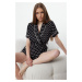 Trendyol Black Belted Heart Patterned Piping Detailed Viscose Woven Pajama Set