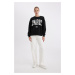 DEFACTO Black Loose Fit Crew Neck Printed Thick Sweatshirt