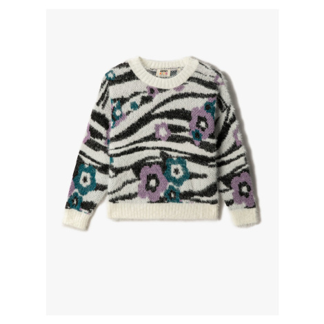 Koton Zebra Patterned Floral Plush Sweater Long Sleeved Crew Neck
