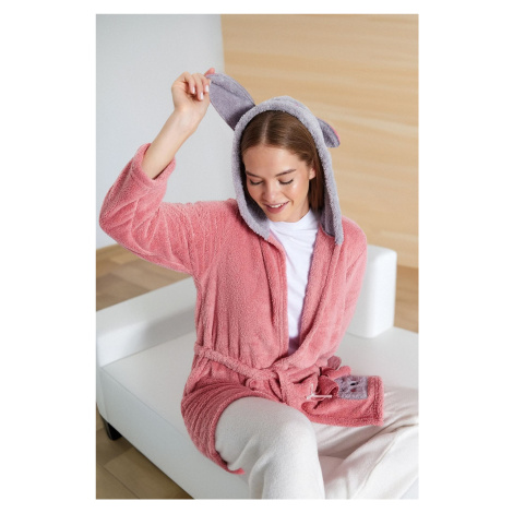 Trendyol Powder Belted Animal Figured Hooded Wellsoft Knitted Dressing Gown