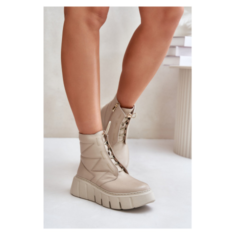 Zazoo Leather Ankle Boots On Platform And Wedge Beige