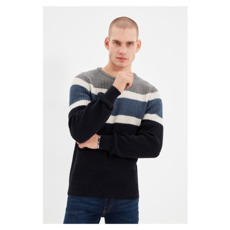 Trendyol sivý úzky sveter s okrúhlym výstrihom a panelovým úpletom